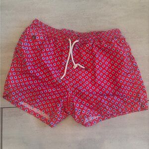 MC2 Saint Barth Red Swim Board Shorts with Blue and White Dot Pattern